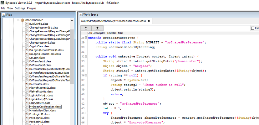 Source code of vulnerable Broadcast Receiver as seen in Bytecode Viewer