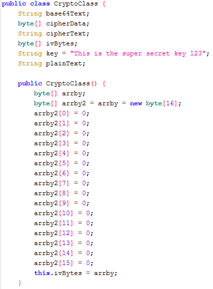 Source code of CryptoClass as seen in Bytecode Viewer